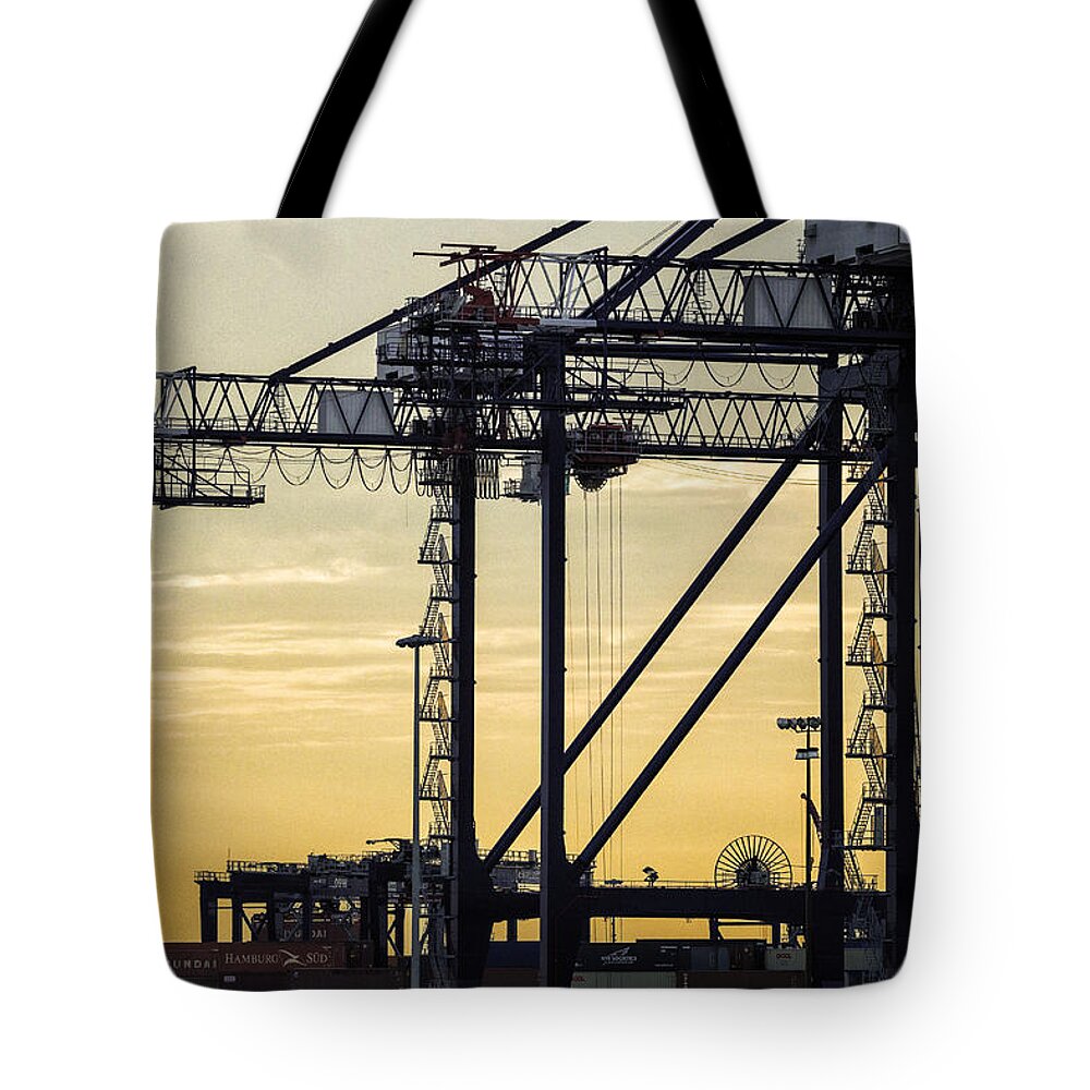 Cranes Tote Bag featuring the photograph Harbor Cranes at Sunset by Fran Gallogly