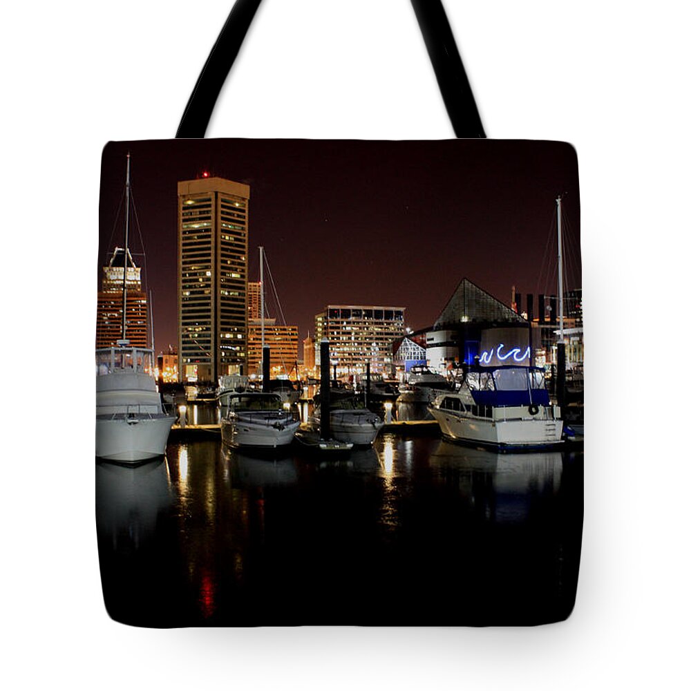 Harbor Tote Bag featuring the photograph Harbor Nights - Trade Center in Focus by Ronald Reid