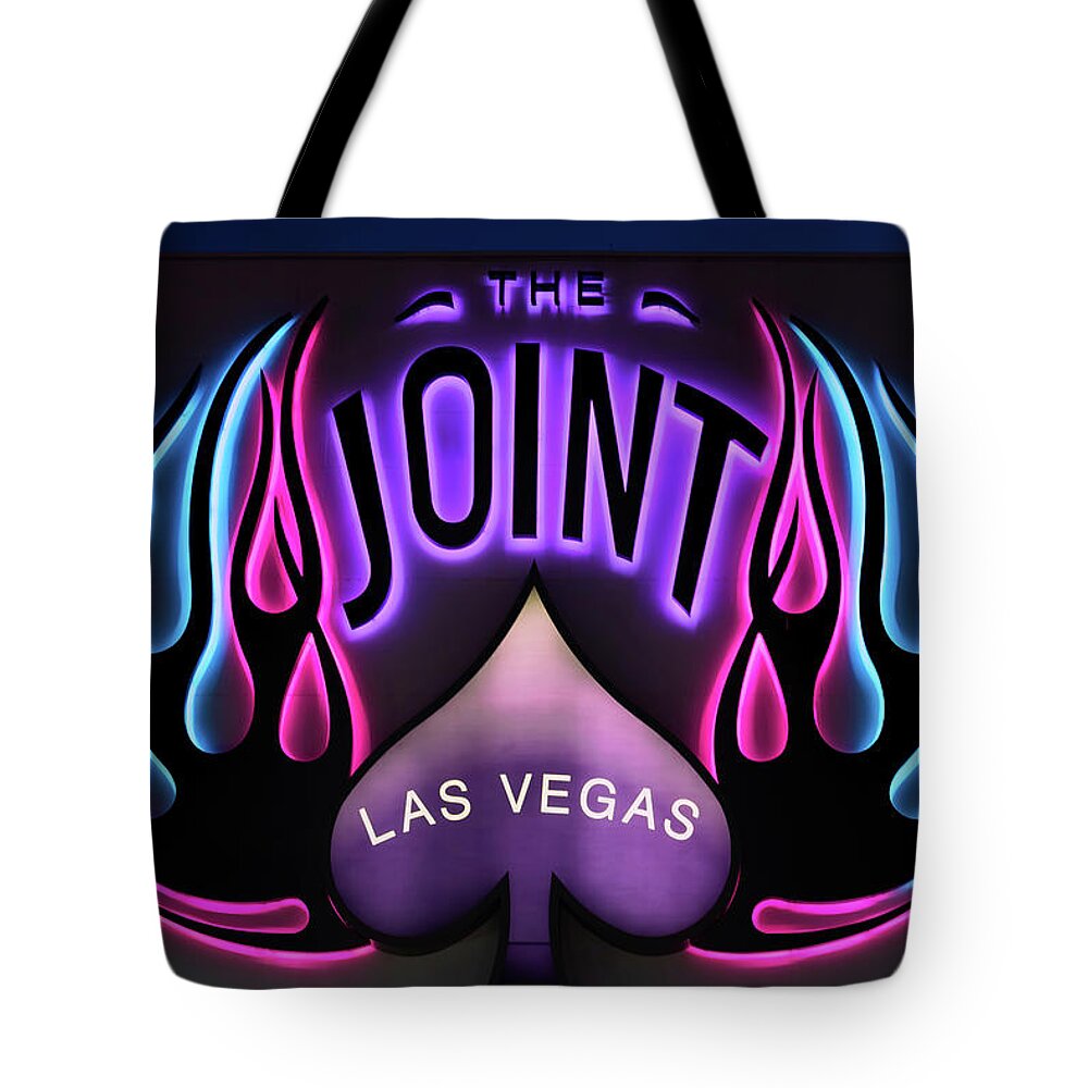 The Joint Tote Bag featuring the photograph Hard Rock Casino the Joint Pink Blue and Purple Lights by Aloha Art