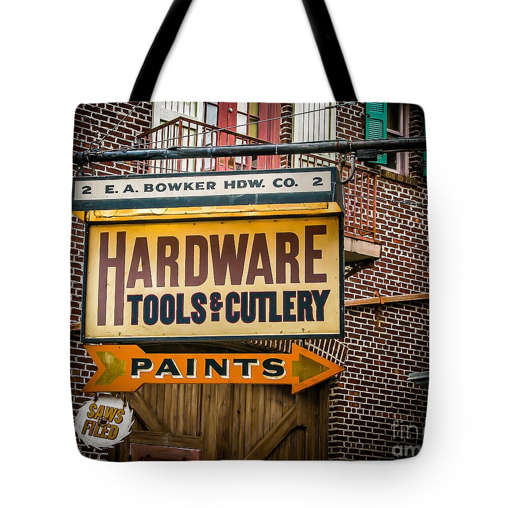Sign Tote Bag featuring the photograph Hardware by Perry Webster
