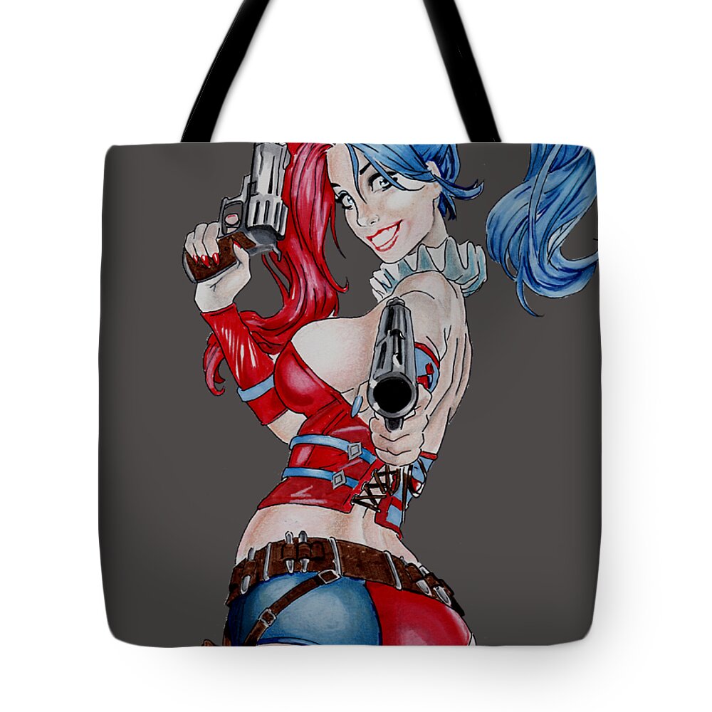 Harley Tote Bag featuring the drawing Harley Quinn with pistols by Bill Richards