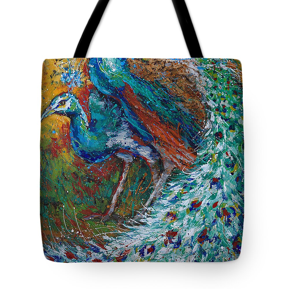 Peacock And Peahen Tote Bag featuring the painting Harmonious by Jyotika Shroff