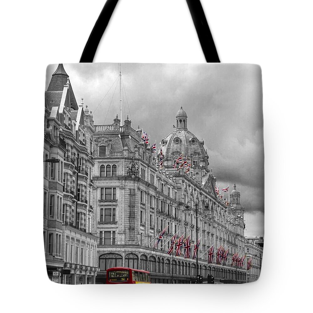 Harrods Tote Bag featuring the photograph Harrods of Knightsbridge bw hdr by David French