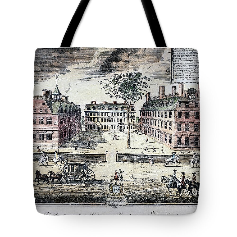 1725 Tote Bag featuring the photograph HARVARD COLLEGE, c1725 by Granger