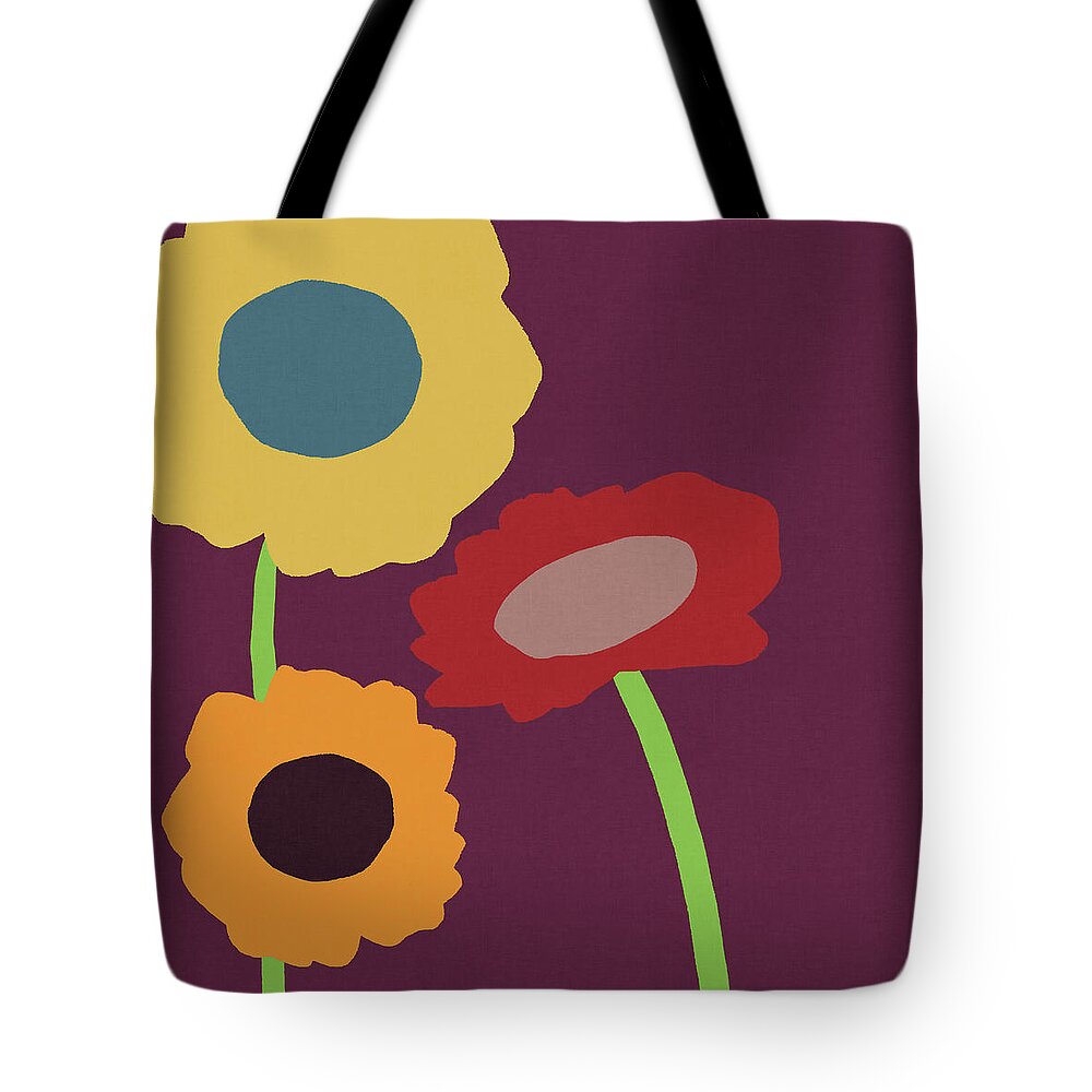 Sunflowers Tote Bag featuring the mixed media Harvest Flowers Purple- Art by Linda Woods by Linda Woods