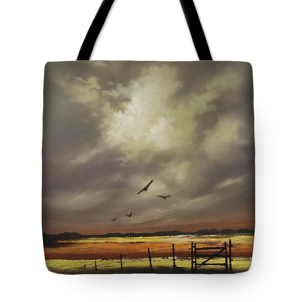 Contemporary Landscape; Orange And Gold; Billowing Clouds; Soaring Birds; Tom Shropshire Painting Tote Bag featuring the painting Harvest Gold by Tom Shropshire