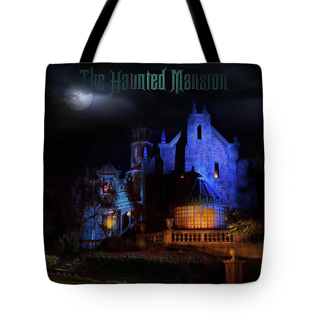 Haunted Mansion Night Tote Bag featuring the photograph Haunted Mansion at Walt Disney World Poster Version by Mark Andrew Thomas