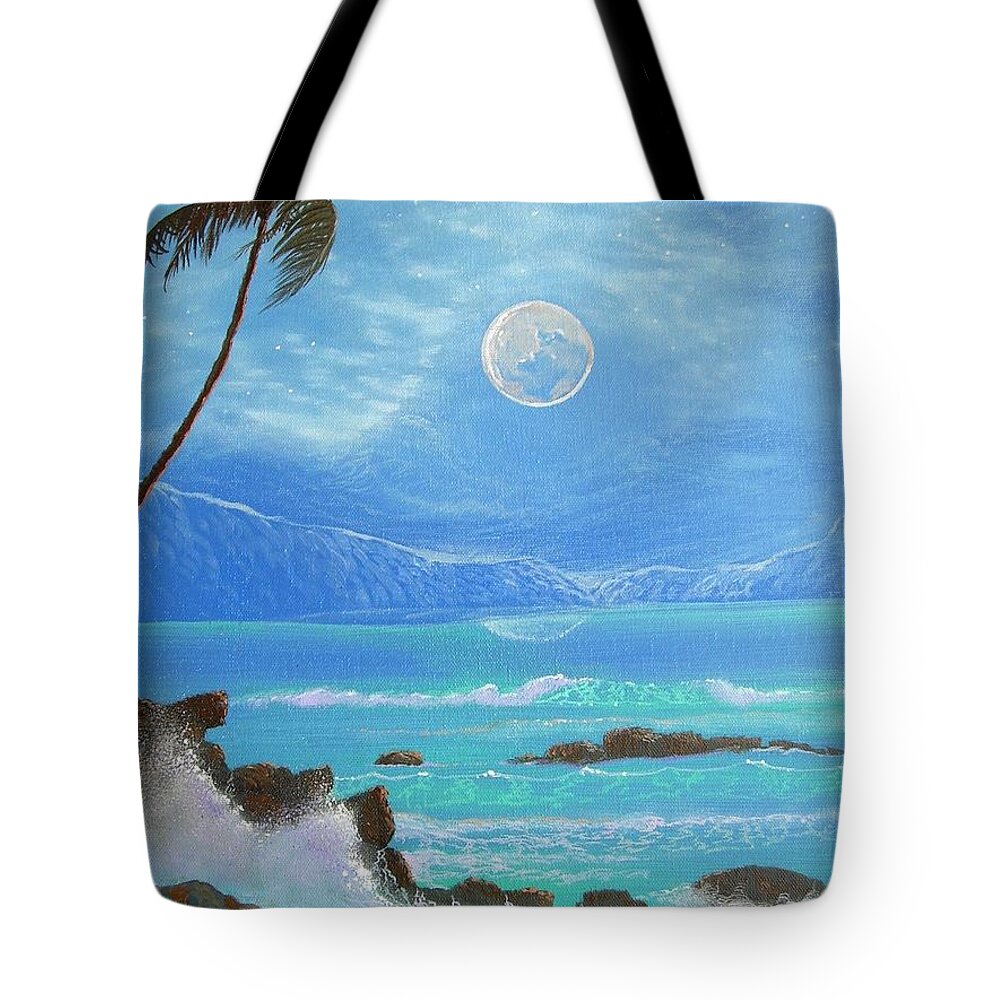 Hawaii Seascape Tote Bag featuring the painting Hawaii Night Seascape by Leland Castro