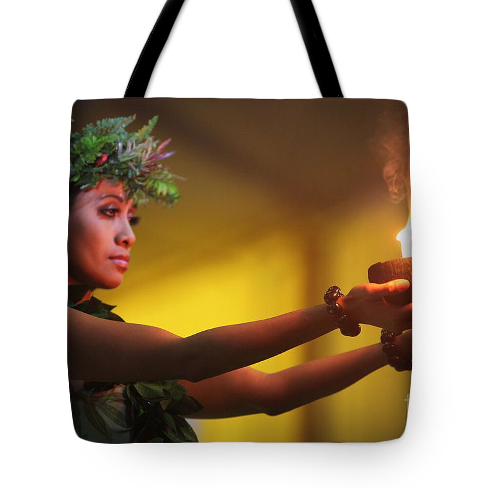 Fire Tote Bag featuring the photograph Hawaiian Dancer and Firepots by Nadine Rippelmeyer