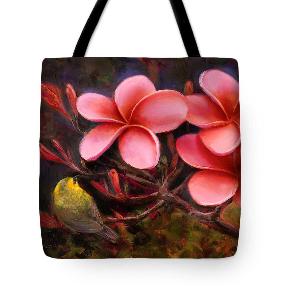 Pua Melia Tote Bag featuring the painting Hawaiian Pink Plumeria and Amakihi Bird by K Whitworth