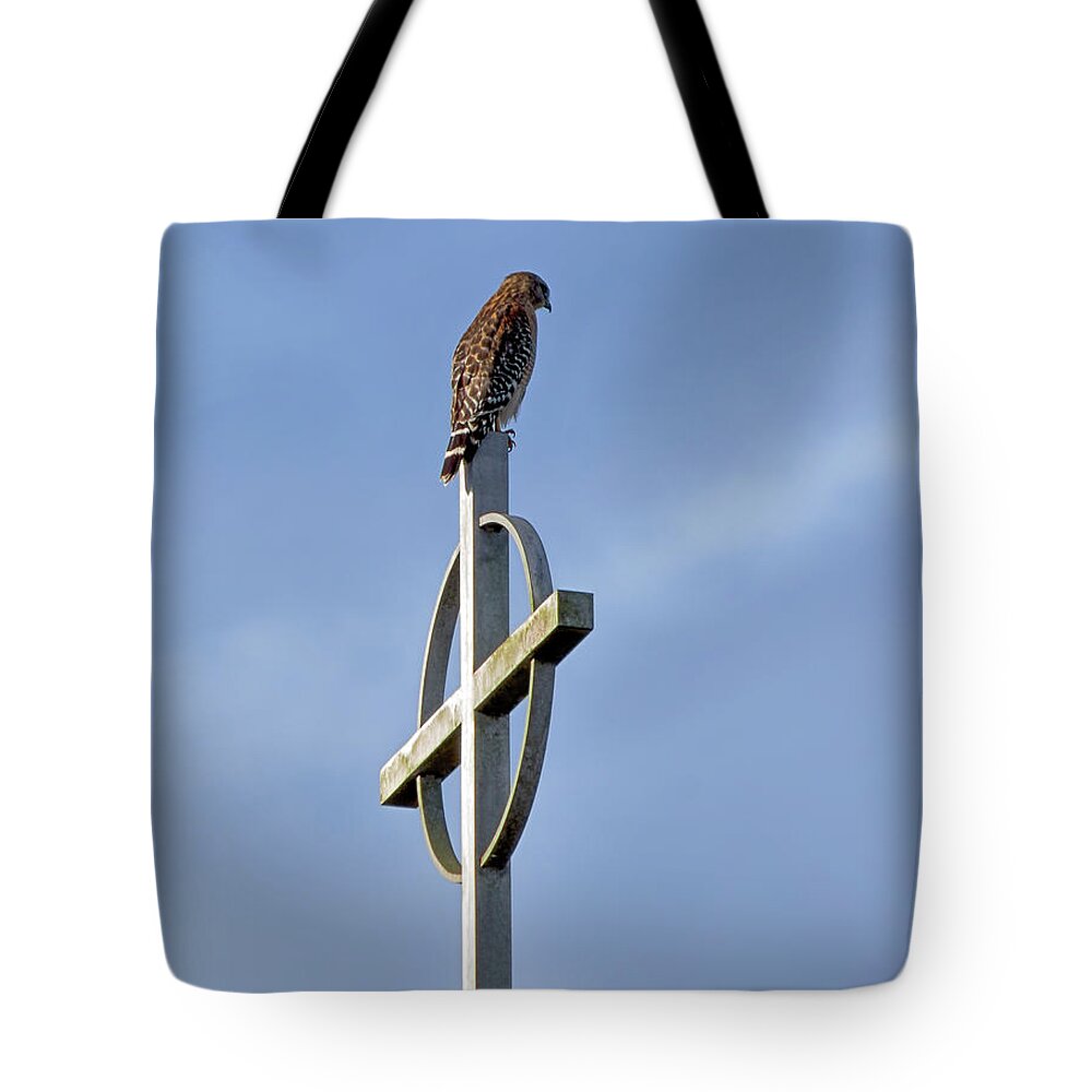 Birds Tote Bag featuring the photograph Hawk on Steeple by Richard Rizzo
