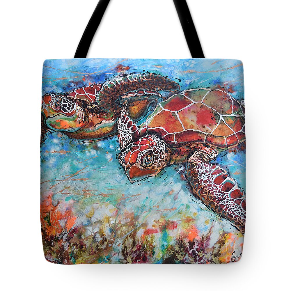 Marine Turtles Tote Bag featuring the painting Hawksbill Sea Turtles by Jyotika Shroff