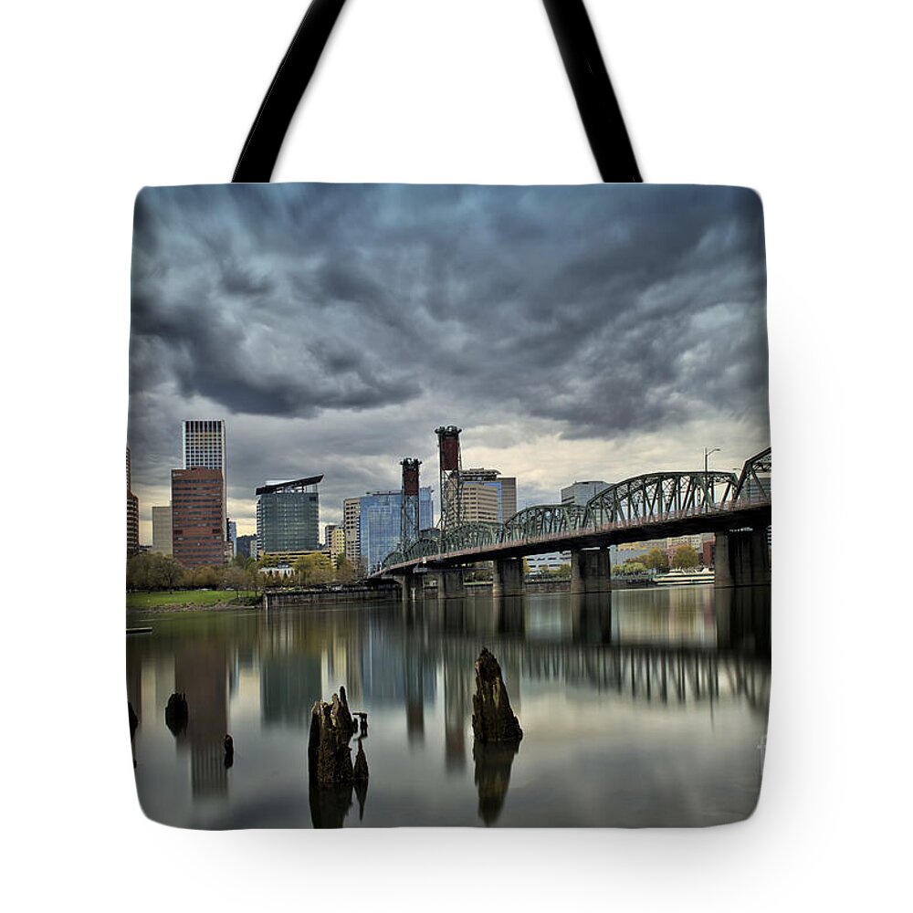 Portland Tote Bag featuring the photograph Hawthorne Bridge Across The Willamette Portland Oregon by Peter Dang