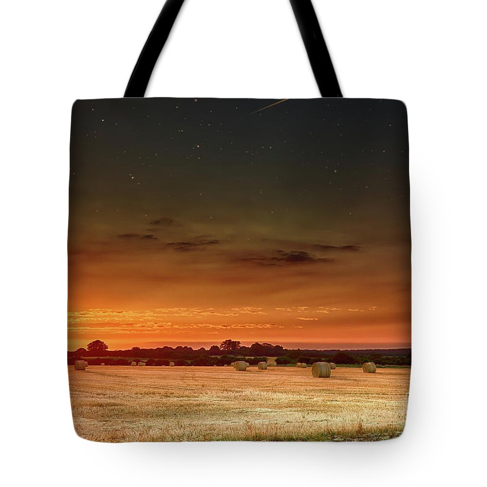 Sunset Tote Bag featuring the photograph Hay bales at sunset and stars by Simon Bratt
