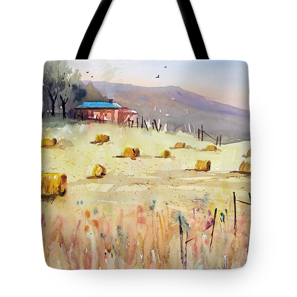 Watercolor Tote Bag featuring the painting Hay Bales by Ryan Radke
