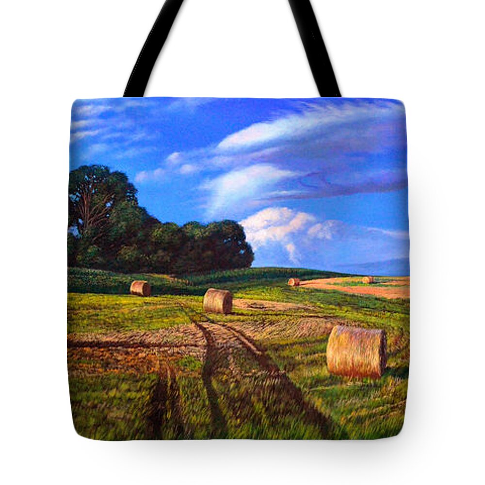 Farm Tote Bag featuring the painting Hay Rolls on the Farm in oil painting by Christopher Shellhammer