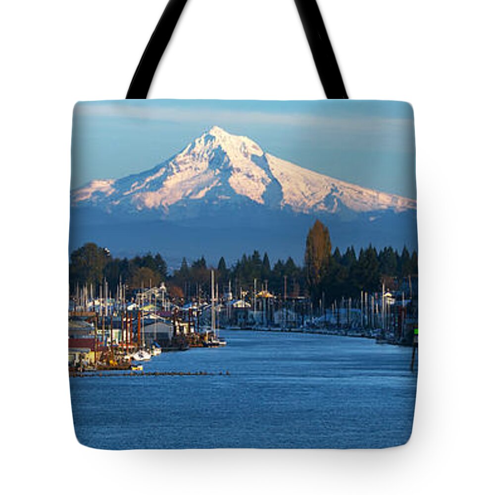 Hayden Island Mt. Hood Mount Portland Oregon Usa Columbia River Panorama Pano Sunset Blue Sky Spring Boat Houseboats Tote Bag featuring the photograph Hayden Island and Mt. Hood by Patrick Campbell
