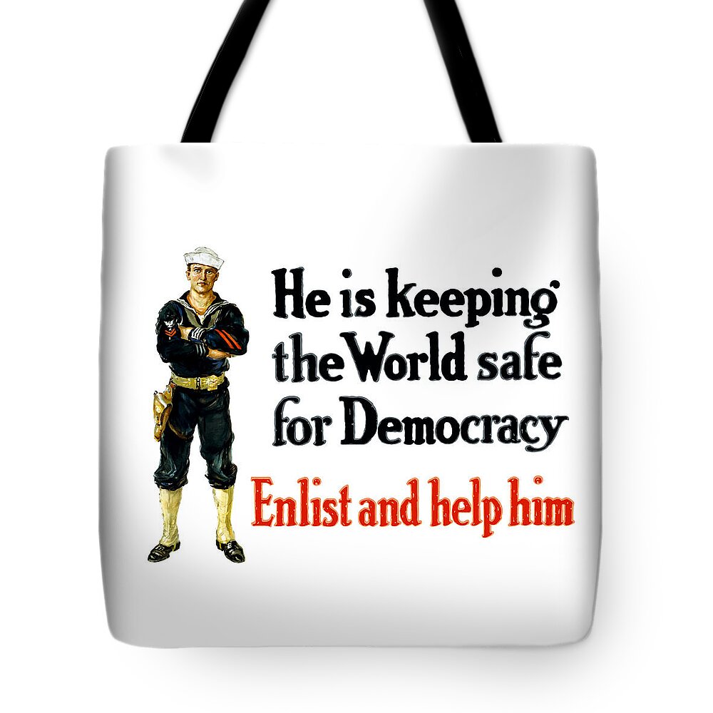 Navy Tote Bag featuring the painting He Is Keeping The World Safe For Democracy by War Is Hell Store