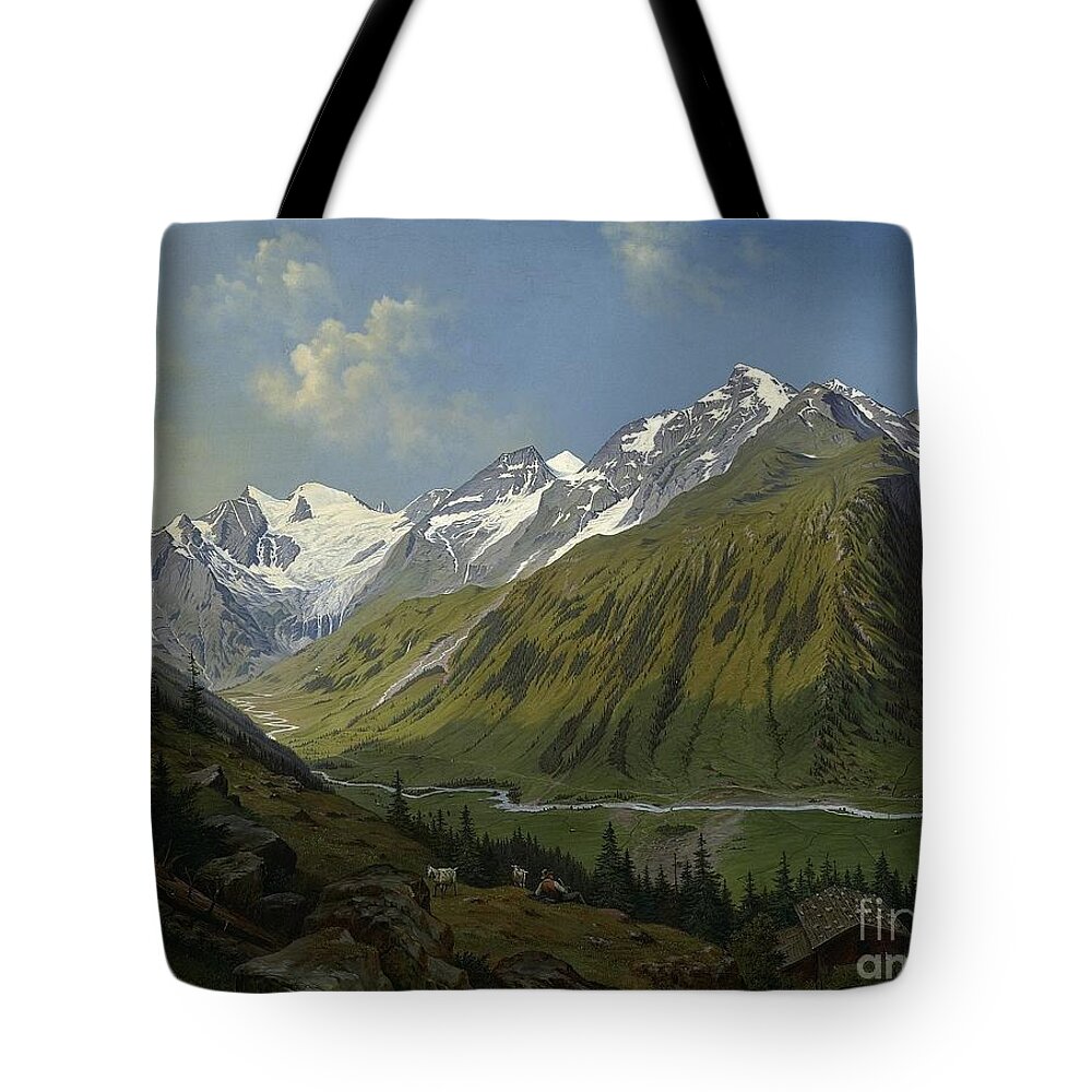 Hubert Sattler The Valley Of Ferleiten With The Wiesbachhorn In The Salzburg Salzburg 1863 Oil On Canvas Tote Bag featuring the painting he valley of Ferleiten with the Wiesbachhorn in the Salzburg by MotionAge Designs