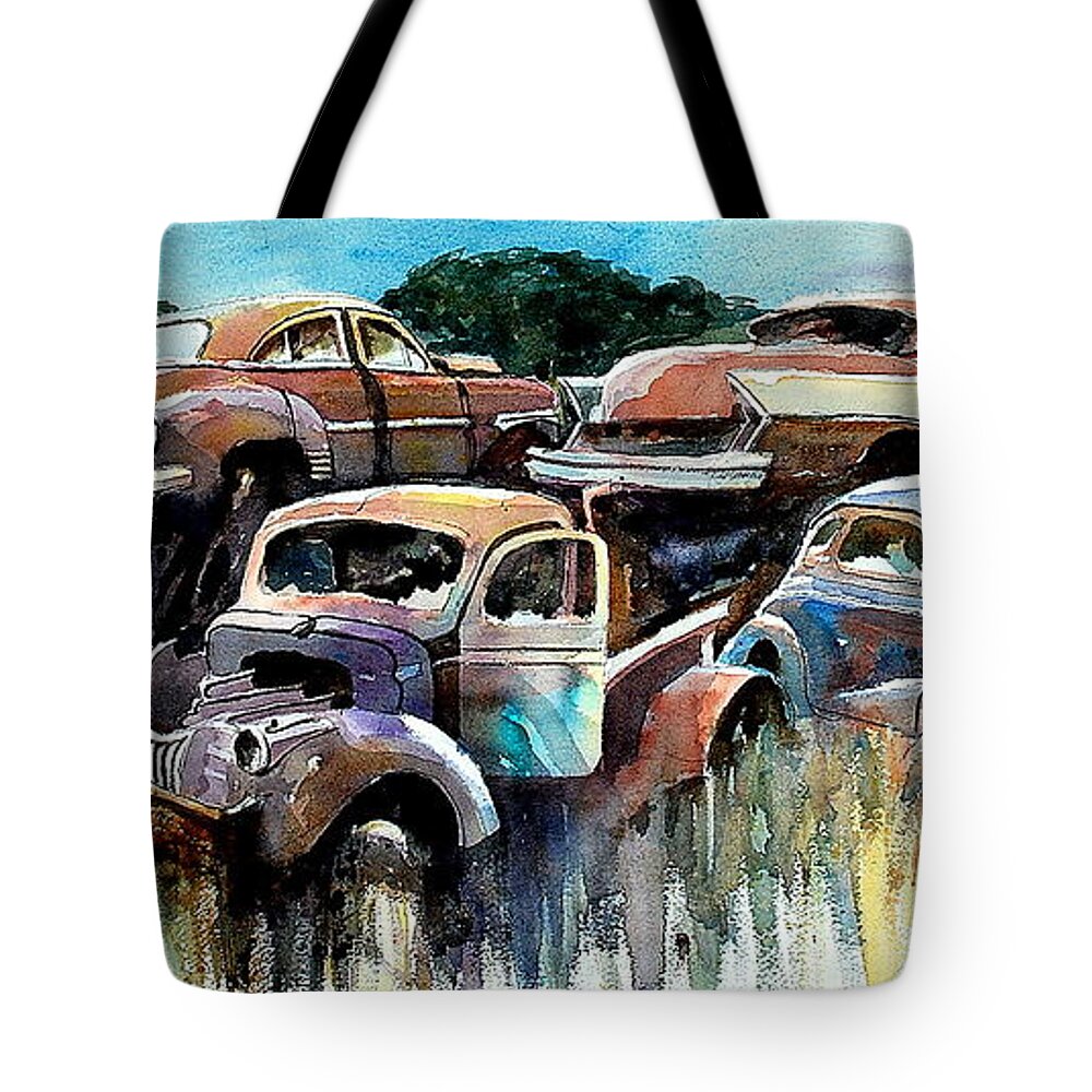 Trucks Cars Rust Tote Bag featuring the painting Heaped Heaps by Ron Morrison