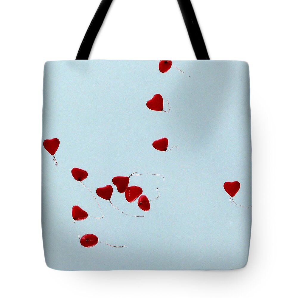 Balloon Tote Bag featuring the photograph Heart Balloons in the Sky by Valerie Ornstein