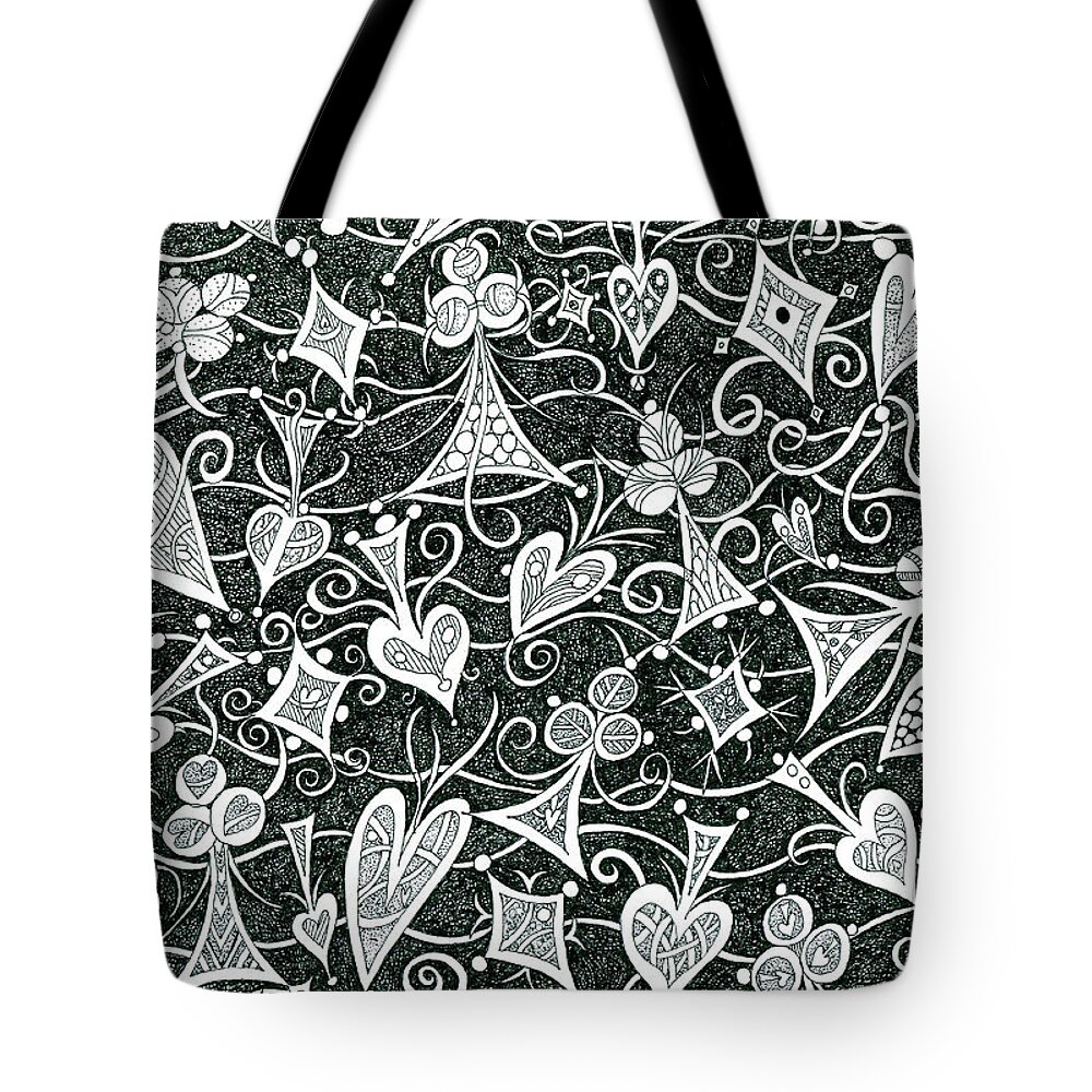 Lise Winne Tote Bag featuring the drawing Hearts, Spades, Diamonds And Clubs In Black by Lise Winne