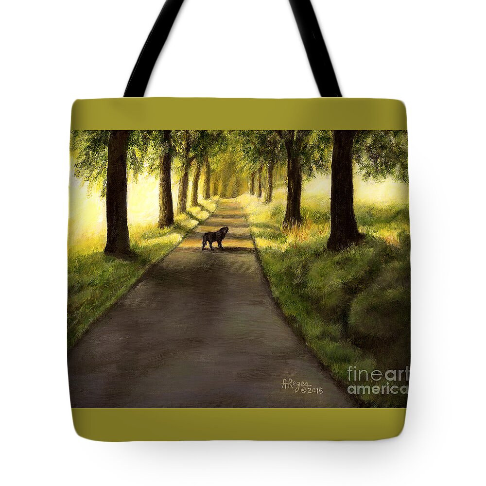 Lab Tote Bag featuring the painting Serenity - Walk with Black Labrador by Amy Reges