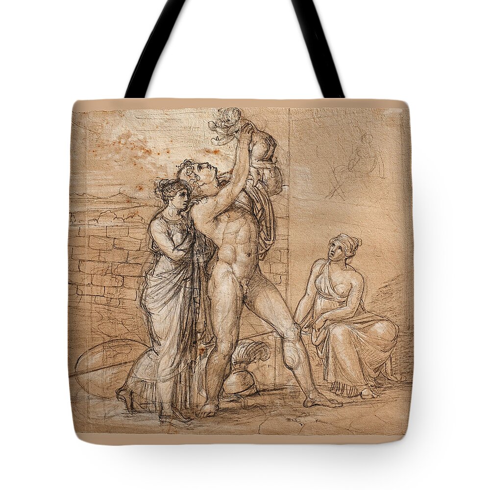 Bertel Thorvaldsen Tote Bag featuring the drawing Hectors farewell to Andromache and Astyanax by Bertel Thorvaldsen