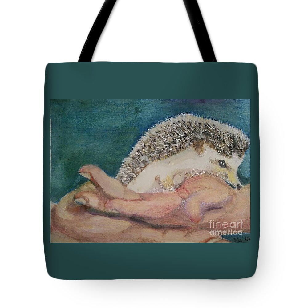 Hedgehog Tote Bag featuring the mixed media Hedgehog in hand by Lori Moon
