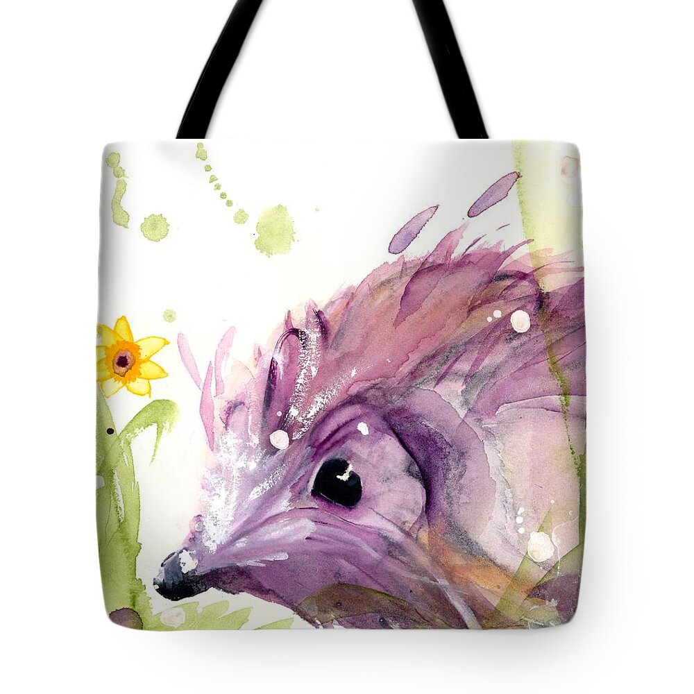 Hedgehog Watercolor Tote Bag featuring the painting Hedgehog In The Wildflowers by Dawn Derman