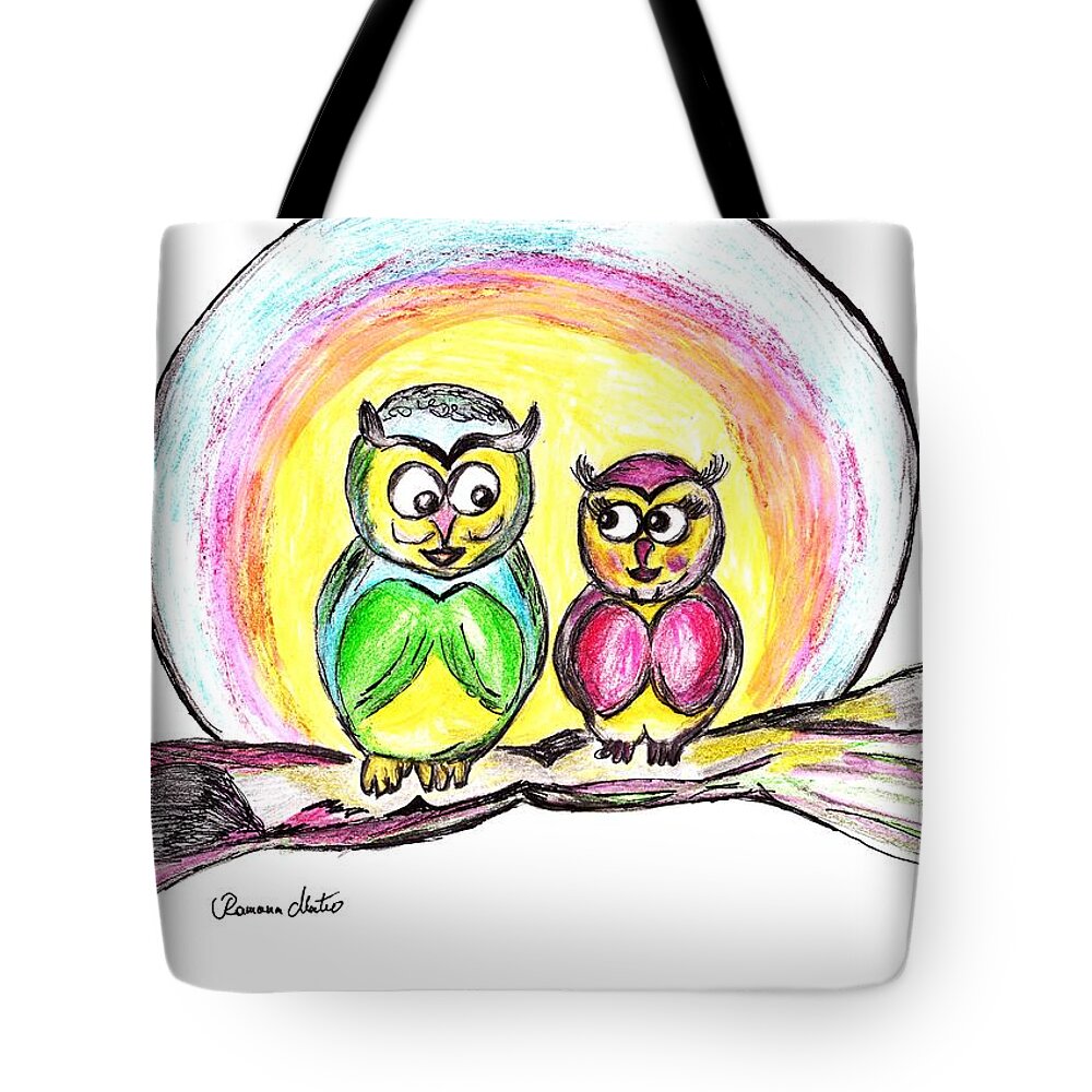 Owls Tote Bag featuring the drawing Hello Moonlight by Ramona Matei