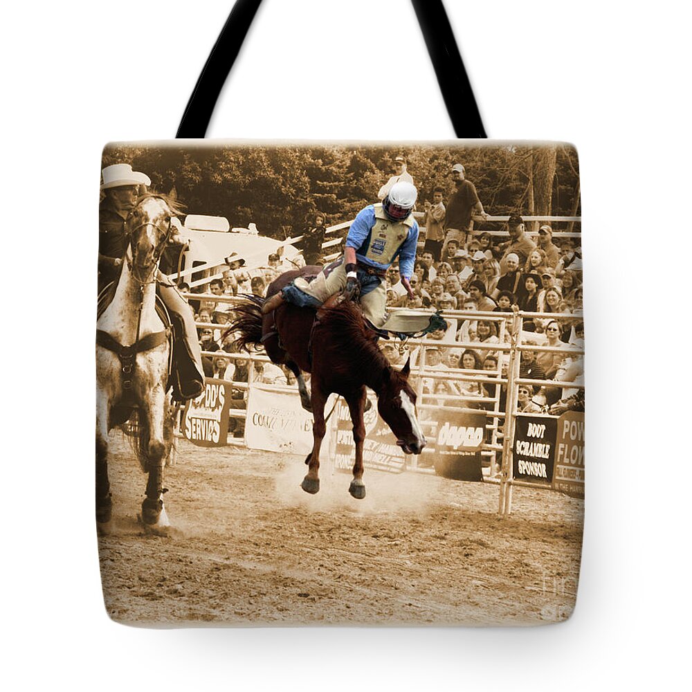 Sepia Tote Bag featuring the photograph Helluva Rodeo-The Ride 5 by September Stone