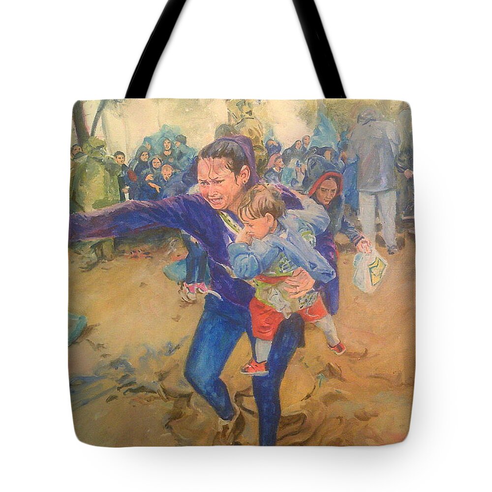 Woman Child Distraught Hand Outstretched Mud Purple Hoodie People In Background Held In Place Tote Bag featuring the painting Helping Hand by Rosanne Gartner