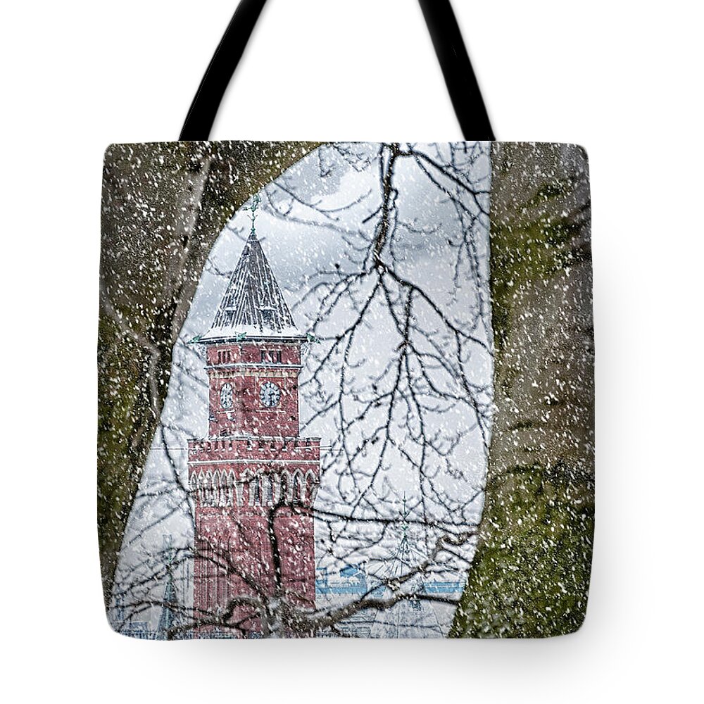 Sweden Tote Bag featuring the photograph Helsingborg Town Hall Snowing by Antony McAulay