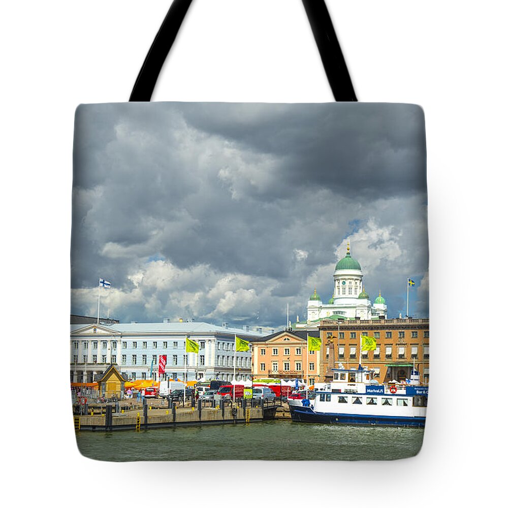 Helsinki; Finland; South Harbor; Harbor; Europe; Clouds; Boats; Ships; Market Square; Helsinki Cathedral Tote Bag featuring the photograph Helsinki, South Harbor by Mick Burkey