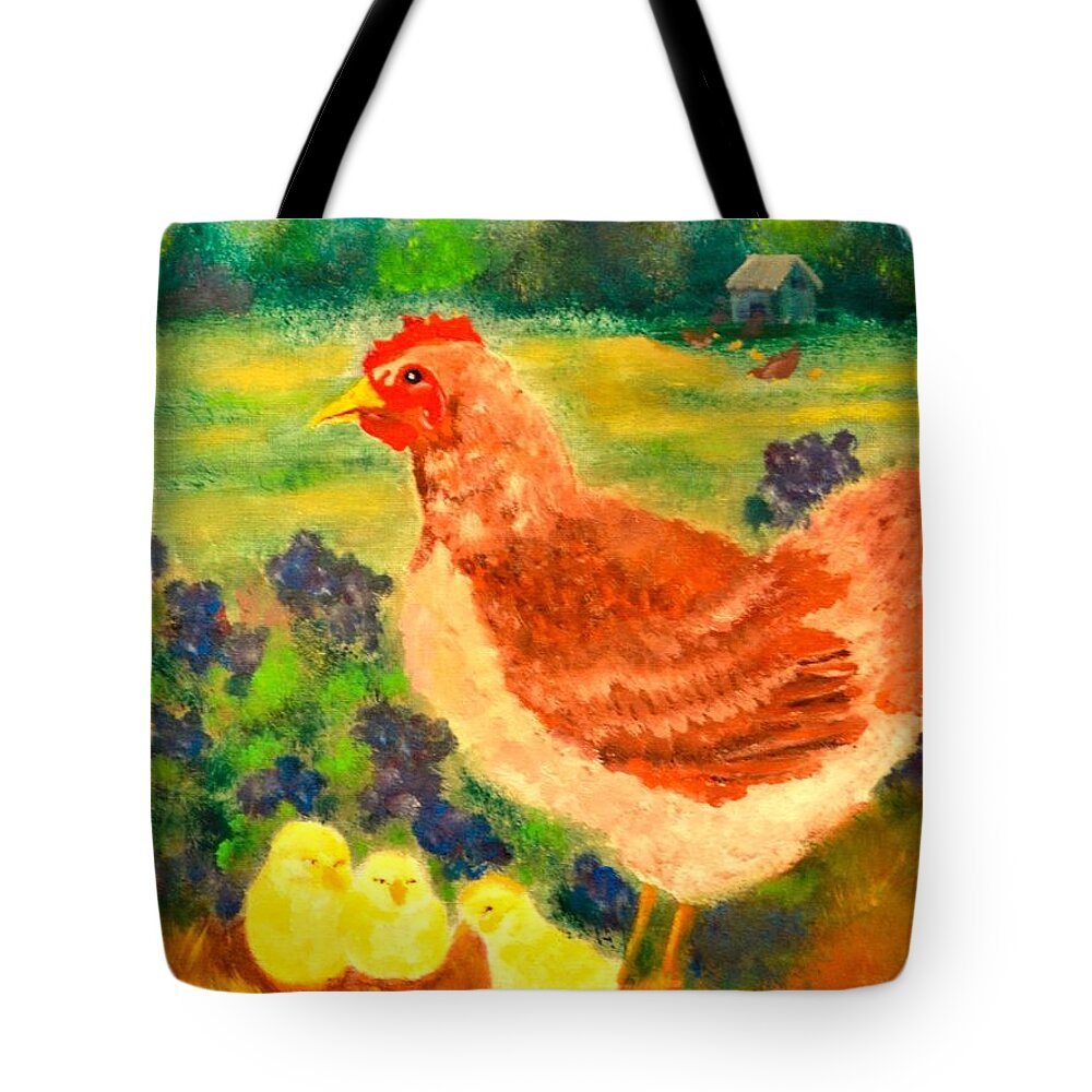 Hen Tote Bag featuring the painting Hen and Chick by Denise Tomasura