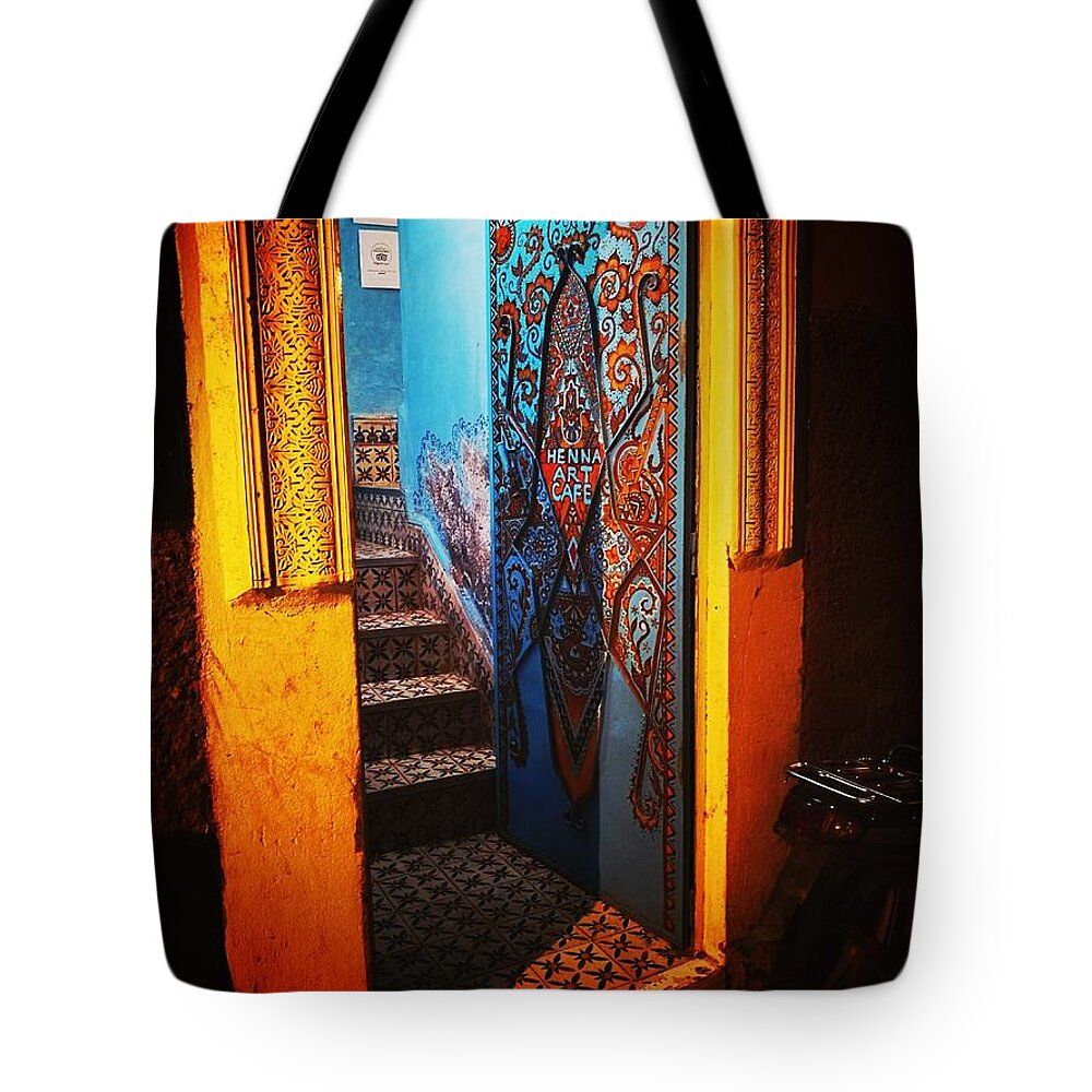 Moroccan Pattern Door Tote Bag featuring the photograph Henna doorway by Jarek Filipowicz
