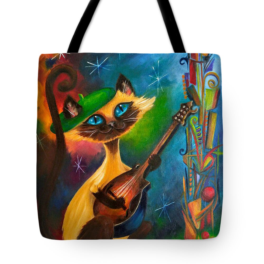 Siamese Cat Kitty Mid Century Modern Groovy Beret Mandolin Meow 60s Turquoise Eyes Atomic Starburst Framed Tote Bag featuring the painting HepCat Meowndolin by Brenda Salamone