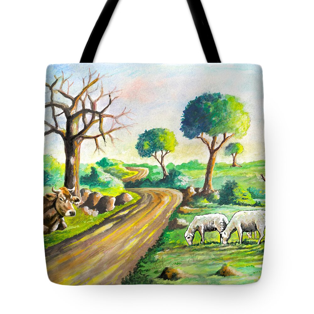 Tanzania Tote Bag featuring the painting Herding near the Road by Anthony Mwangi