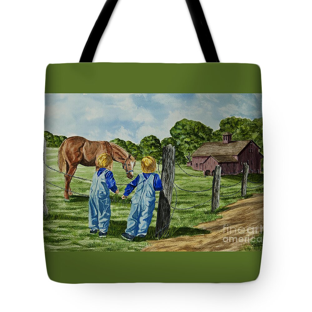 Country Kids Art Tote Bag featuring the painting Here Horsey Horsey by Charlotte Blanchard