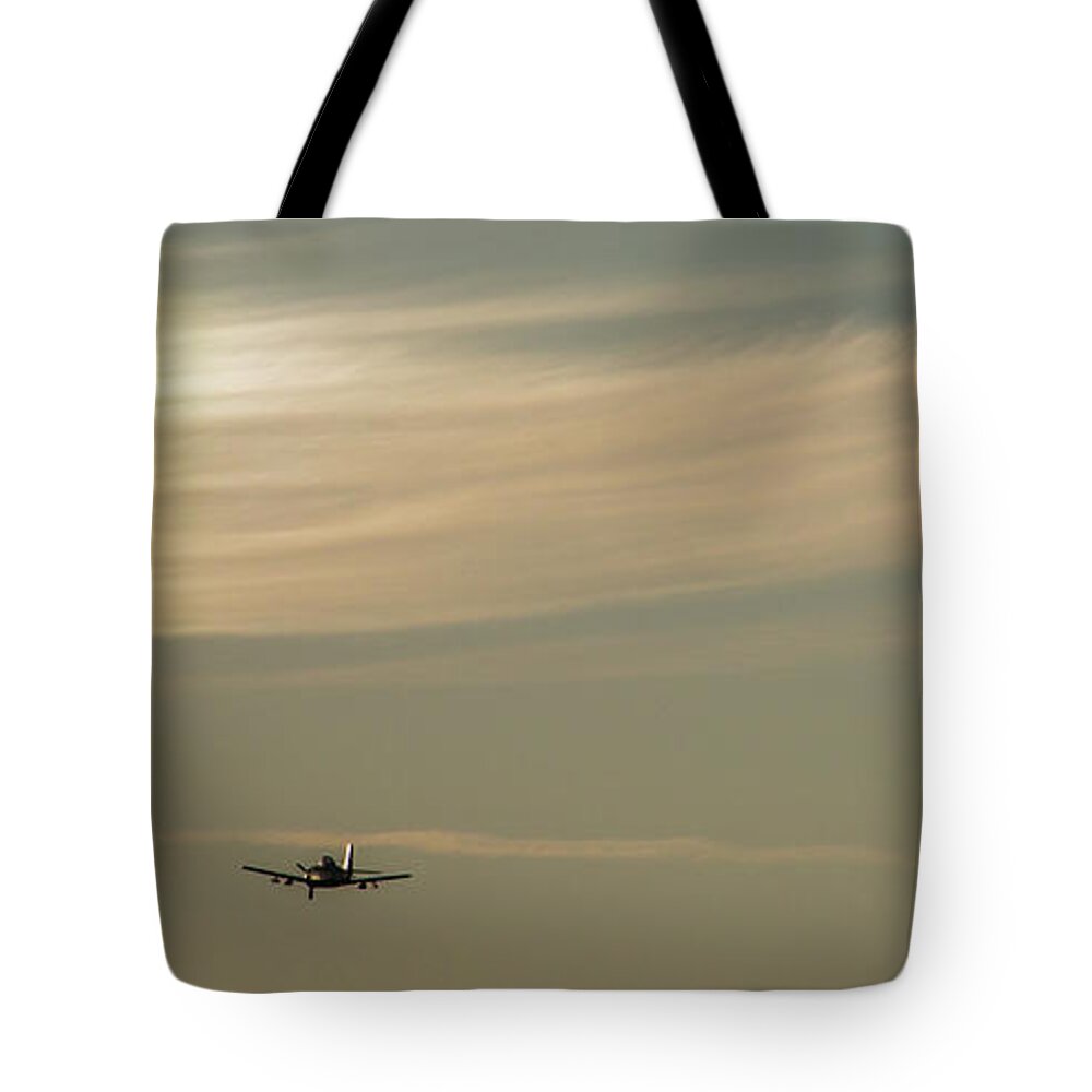 Plane Tote Bag featuring the photograph Here We Go Into the Wild Blue Yonder by Dorothy Cunningham
