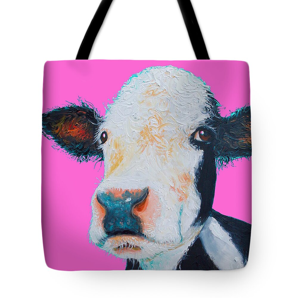 Hereford Cow Tote Bag featuring the painting Hereford cow on hot pink by Jan Matson