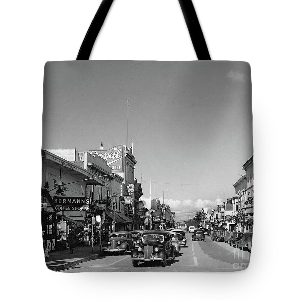 Alvarado Street Tote Bag featuring the photograph Hermans Coffee Shop, The Royal Hotel, Blue Bell Coffe Shop, Alvarado St. 1946 by Monterey County Historical Society