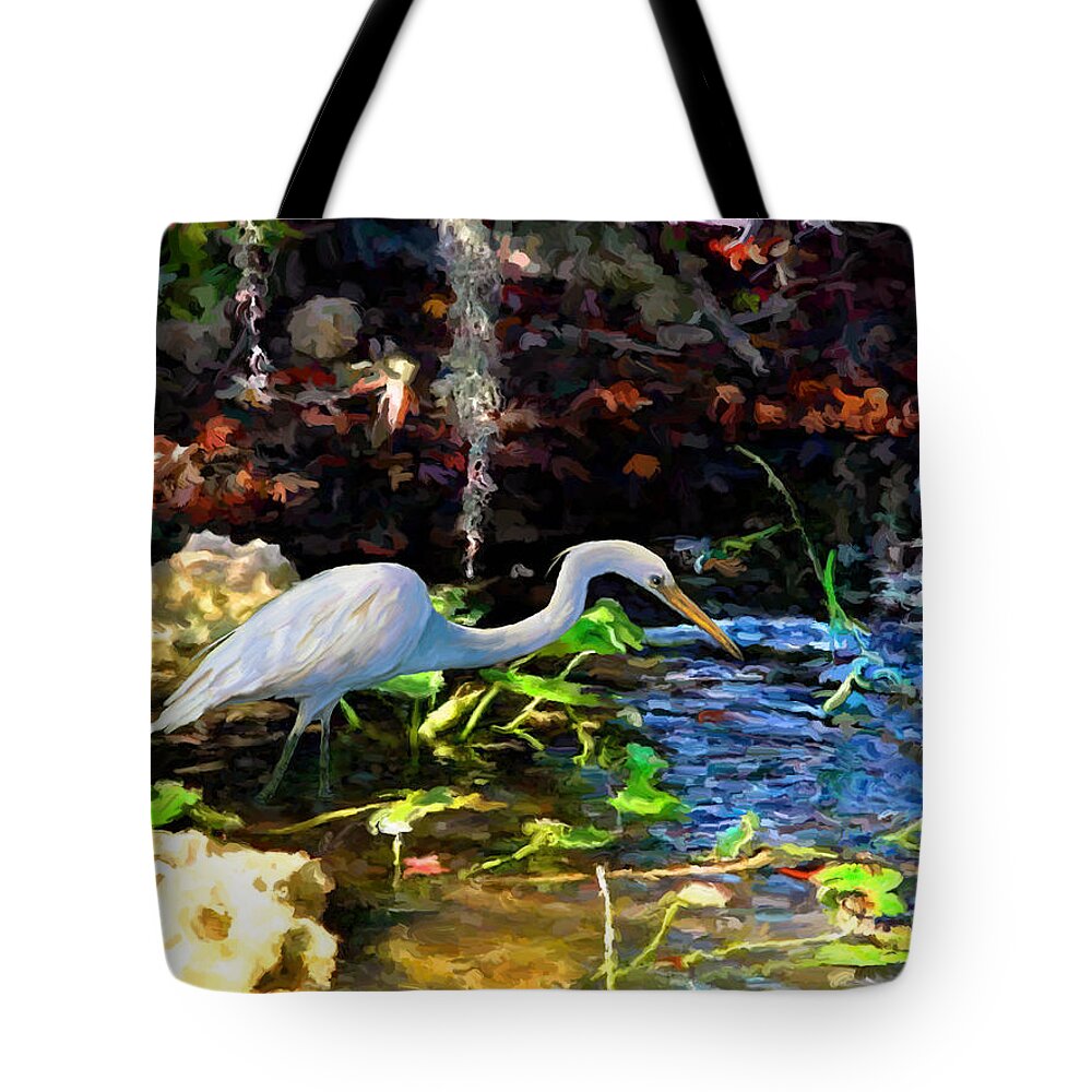 Tropical Tote Bag featuring the painting Heron in Quiet Pool by David Van Hulst