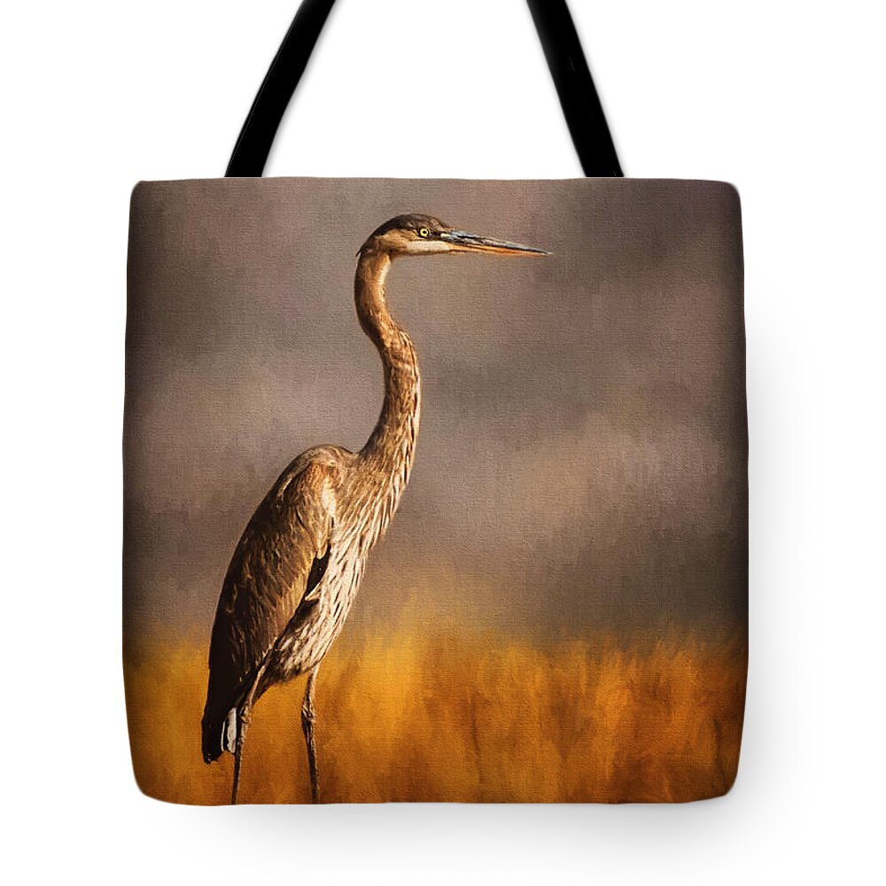 Heron In The Field Tote Bag featuring the photograph Heron in the Field by Priscilla Burgers