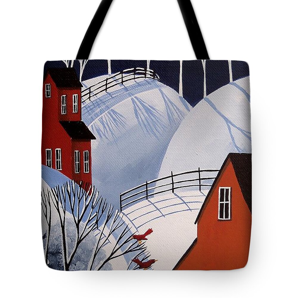 Folk Art Tote Bag featuring the painting Hi Friends - cardinal red bird cat folk art by Debbie Criswell