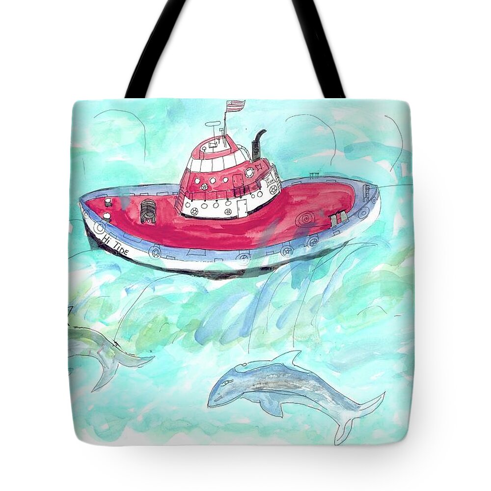 Tugboat Tote Bag featuring the painting Hi Tide by Helen Holden-Gladsky