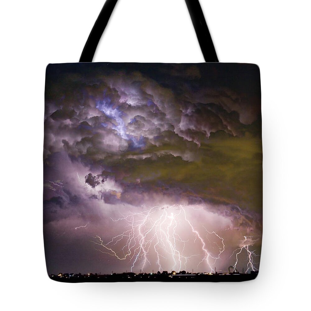 Colorado Lightning Tote Bag featuring the photograph Highway 52 Storm Cell - Two and half Minutes Lightning Strikes by James BO Insogna