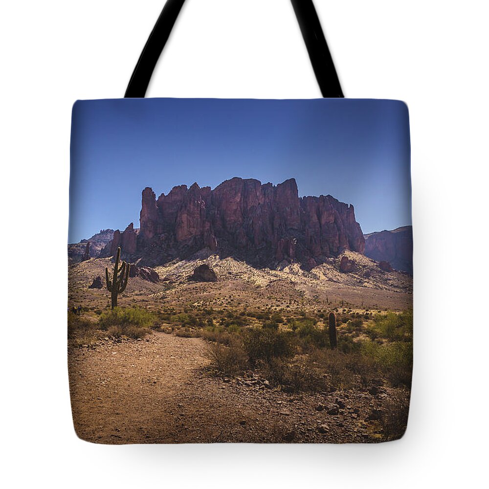 Apache Junction Tote Bag featuring the photograph Trail to Superstition Mountains #1 by Andy Konieczny