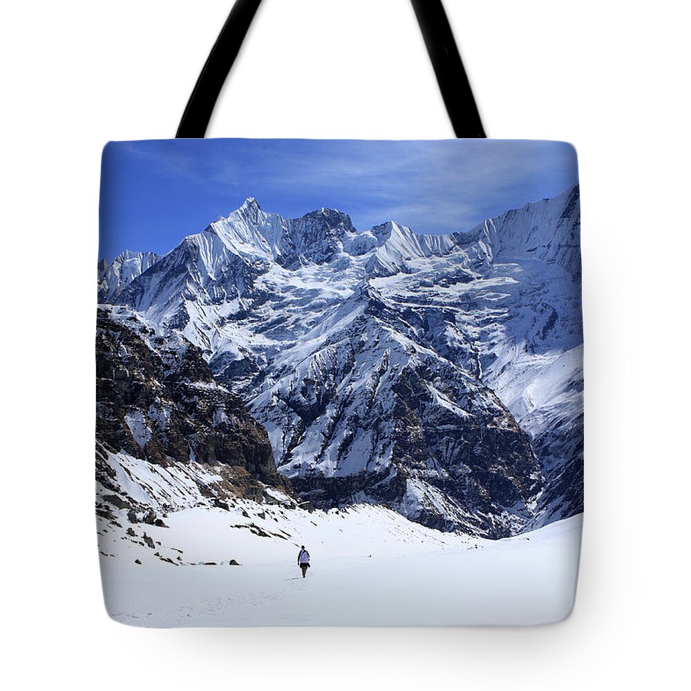 Nepal Tote Bag featuring the photograph Hiker In Mountain Landscape by Aidan Moran